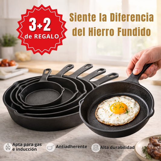 Juego de sartenes de hierro fundido antiadherentes (5 piezas)- Paga 3 y llévate 2 de REGALO